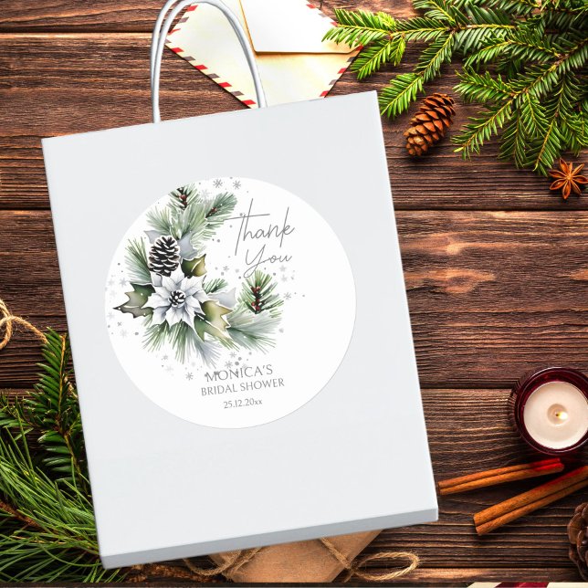 Wintervorlage Brautparty danke Ihnen Runder Aufkleber (Winter bridal shower template thank you favor sticker elegant watercolor pines white poinsettia)