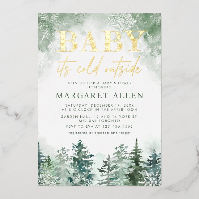 Winterwald Baby kalte Außendusche Folieneinladung (Vorderseite)