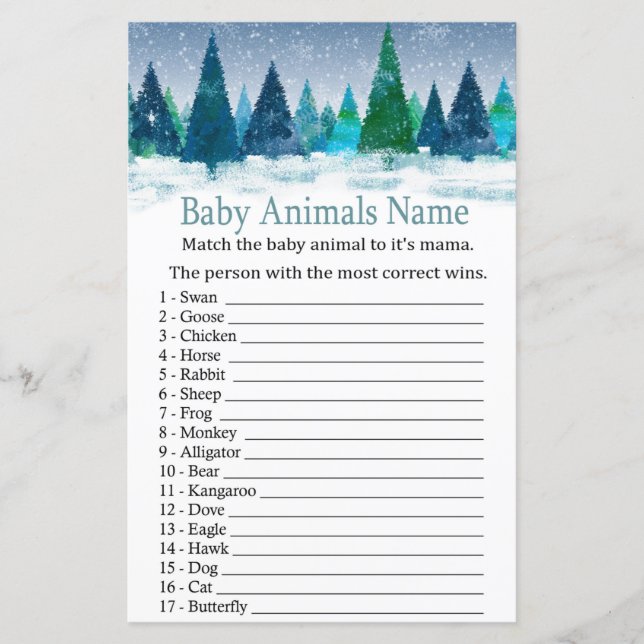 Winterwald Baby Tiere Name Spiel Babydusche (Vorderseite)