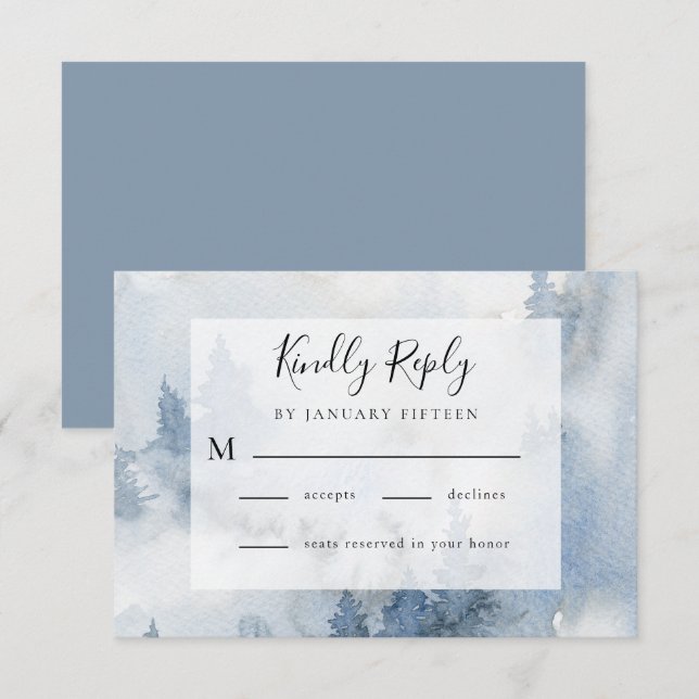 Winterwald Dusty Blue Watercolor Hochzeit RSVP Karte (Vorne/Hinten)