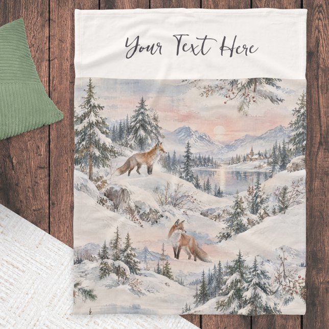 Winterwald-Fuchs im Schnee gemütliche Wasserfarbe Fleecedecke (A personalized fleece blanket with picture of foxes in a snowy landscape with lake and pine trees)