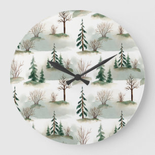 Winterwald: Handgezeichnete grüne Unschärfe Große Wanduhr