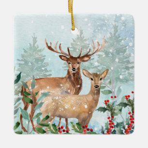 Winterwald, Hirsche, Blockhütte Keramik Ornament