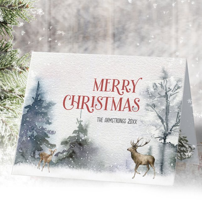 Winterwald-Hirsche Feiertagskarte (Watercolor Winter Forest Deer Holiday Card ©Susanne Sachers - Sunny Mind Design )