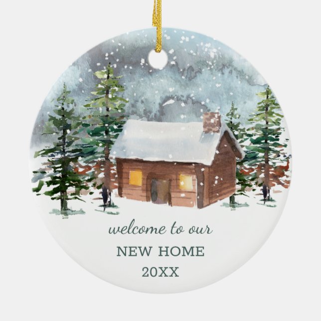 Winterwald, Hirsche, Unsere neue Zuhause Keramik O Ornament (Hinten)