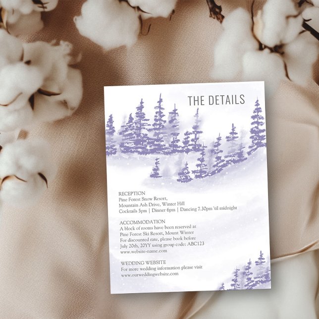 Winterwald Hochzeit Details Lavendel Wasserfarbe Begleitkarte (Wedding Details enclosure card from my Winter Forest Lavender Wedding Collection)