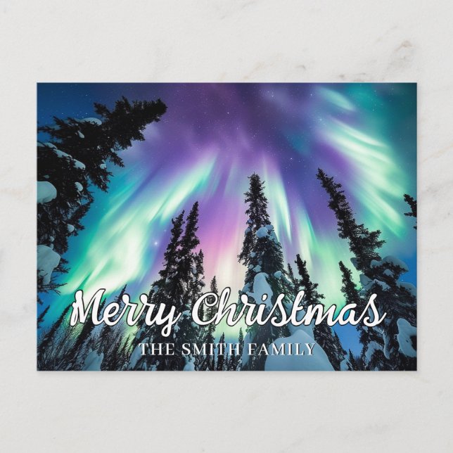 Winterwald im Nordlicht Frohe Weihnachten Postkarte (Vorderseite)