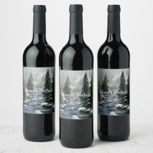 Winterwald-Land-Fluss-Weihnachten Weinetikett