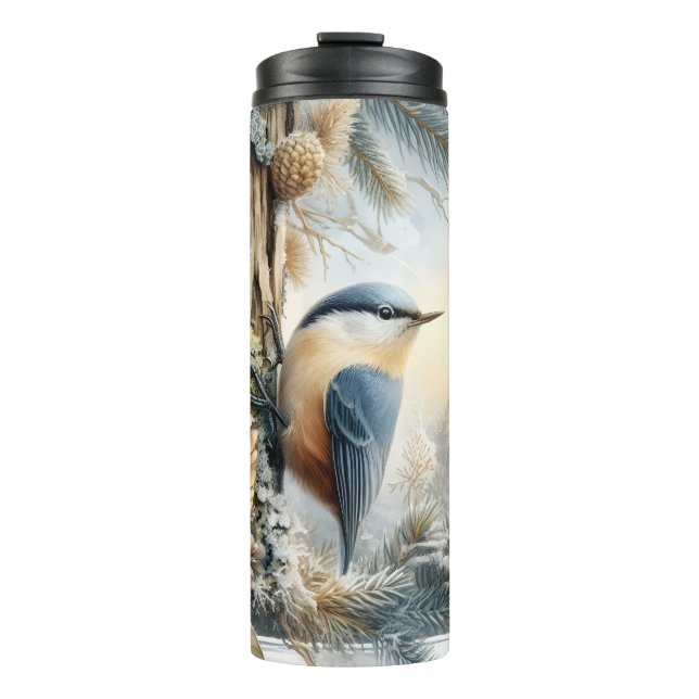 Winterwald Nuthatch Songbird Wassercolor Tumbler Thermosbecher (Vorderseite)