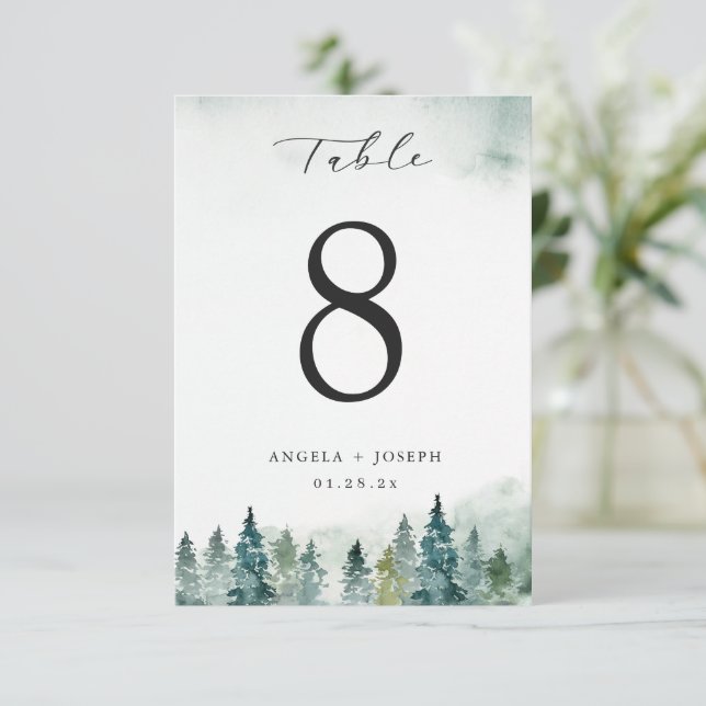 Winterwald Pine Trees Hochzeitkarte der Tischnumme RSVP Karte (Stehend Vorderseite)