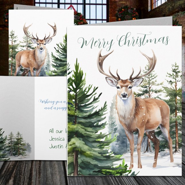 Winterwald-Rentierwald-Kiefernwald Feiertagskarte (Winter Woodland Reindeer Stag Pine Tree Forest Holiday Card)