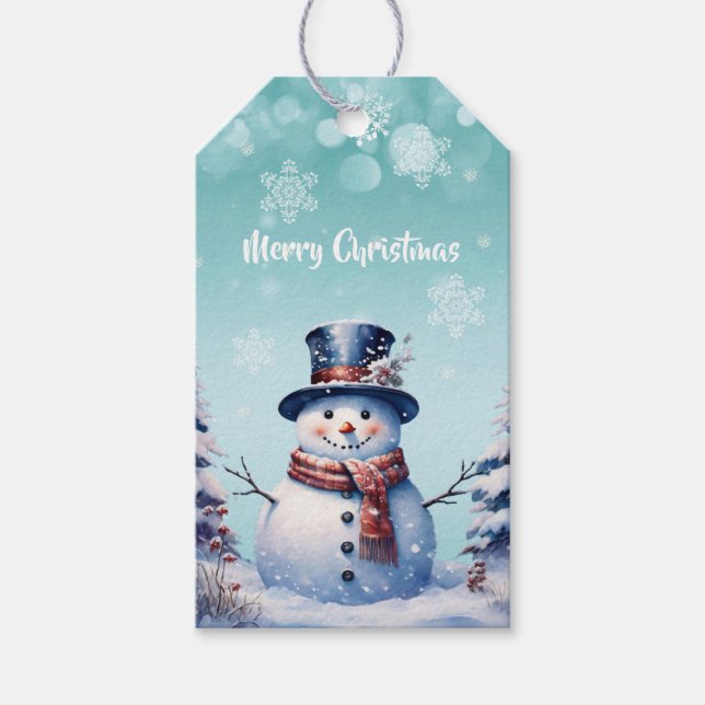 Winterwald Snowman Weihnachten | Aquamarin Geschenkanhänger (Vorderseite)