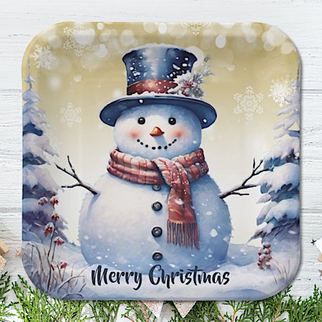 Winterwald Snowman Weihnachten | Gold Pappteller (Gold Winter Forest Snowman Christmas Paper Plates)