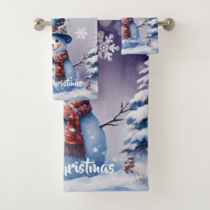 Winterwald Snowman Weihnachten Lila Badhandtuch Set