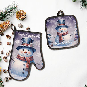 Winterwald Snowman Weihnachten Lila Ofenhandschuh & Topflappen-Set