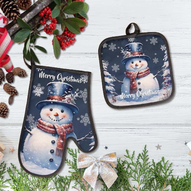 Winterwald Snowman Weihnachten Ofenhandschuh & Topflappen-Set (Winter Forest Snowman Christmas Oven Mitt and Pot Holder Set)