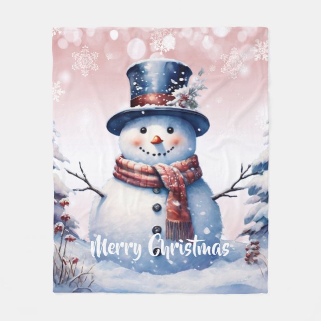 Winterwald Snowman Weihnachten | Pink Fleecedecke (Vorderseite)