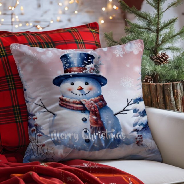 Winterwald Snowman Weihnachten | Pink Kissen (Pink Winter Forest Snowman Christmas Throw Pillow)