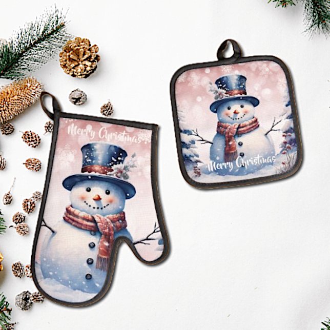 Winterwald Snowman Weihnachten | Pink Ofenhandschuh & Topflappen-Set (Pink Winter Forest Snowman Christmas Oven Mitt and Pot Holder Set)