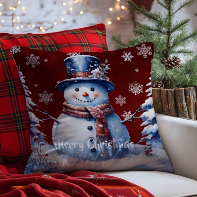 Winterwald Snowman Weihnachten | Rot Kissen (Red Winter Forest Snowman Christmas Throw Pillow)