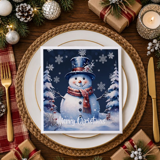 Winterwald Snowman Weihnachten Serviette (Winter Forest Snowman Christmas | Blue Napkins)