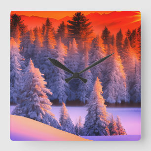 Winterwald Sonnenaufgang Thema Quadratische Wanduhr