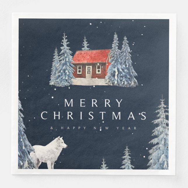 Winterwald Winterhütte mit Wolf Weihnachten Serviette (Vorderseite)