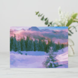Winterwaldfirmen Lila Licht, das auf Schnee reflek Feiertagskarte