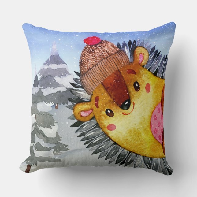 Winterwaldfreunde Igel Zeichnend Kissen (Vorderseite)