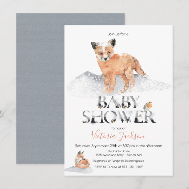 Winterwaldfuchs Wasserfarben Babydusche Einladung (Vorne/Hinten)