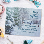 Winterwaldhaus - Johannes 14:27 Bibelverse<br><div class="desc">Genießen Sie die Stille der Saison mit unserem "Friedlichen Winterdorf" Jigsaw Puzzle. Dieses bezaubernde Rätsel bringt Sie in ein schneebedecktes Dorf inmitten eines majestätischen Waldes. Die hohen Kiefernbäume stehen auf der Hut, ihre Äste liegen in glitzerndem Schnee, während die Häuser mit ihren hübschen Strohdächern Wärme und Gemütlichkeit ausstrahlen. Wenn du...</div>