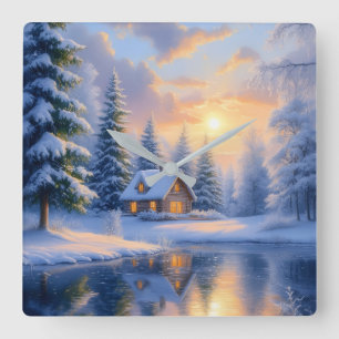 Winterwaldhütte bei Sonnenuntergang Wand Quadratische Wanduhr