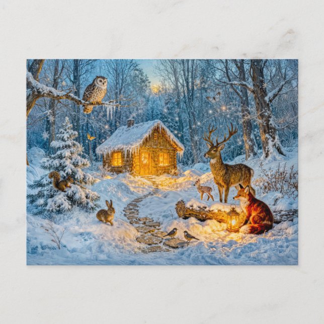 Winterwaldhütte mit Hirsch, Fuchs und Eule – Fäche Postkarte (Vorderseite)
