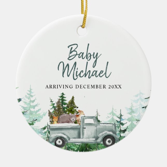 Winterwaldland Kinderschwangerschaft Ankündigung Keramik Ornament (Vorne)