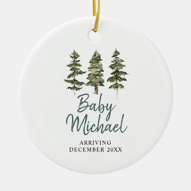 Winterwaldland Kinderschwangerschaft Ankündigung Keramik Ornament (Vorne)