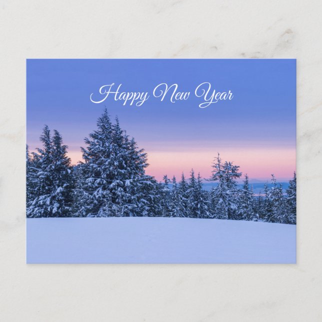 Winterwaldlandschaft im Neujahr bei Sonnenuntergan Postkarte (Vorderseite)