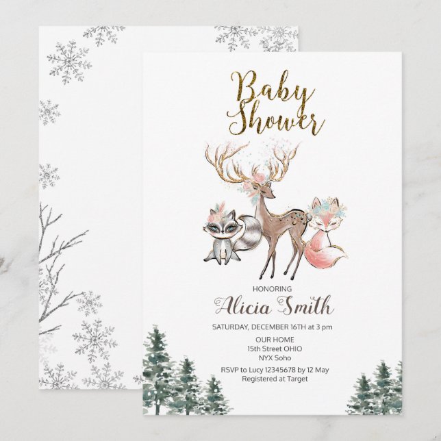 Winterwaldmädchen-Babypartyeinladung Einladung (Vorne/Hinten)