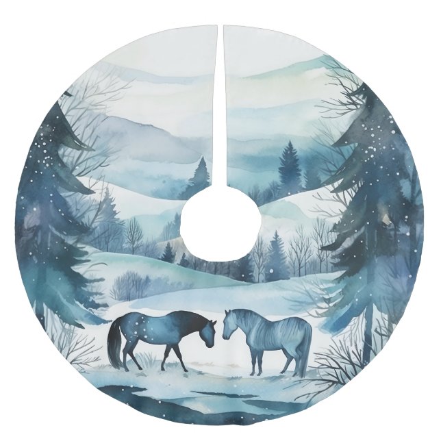 Winterwaldpferde Festliche Weihnachtsferien Polyester Weihnachtsbaumdecke (Vorderseite)