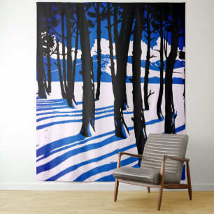 Winterwaldschatten - Blaue Minimalnatur Wandteppich