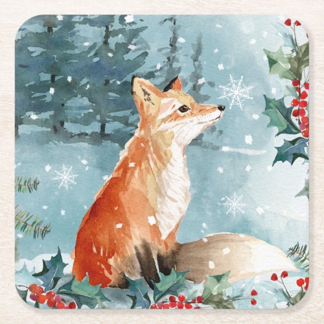 Winterwaldszene, Fuchs Weihnachten Rechteckiger Pappuntersetzer (Vorderseite)