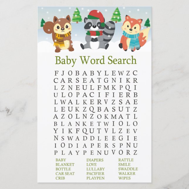 Winterwaldtier Kinderdusche Word SearchGame (Vorderseite)