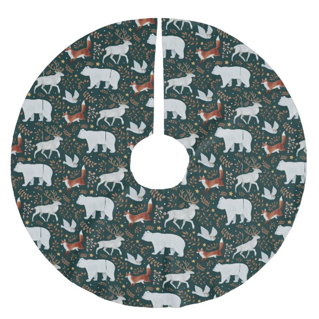 Winterwaldtiere Dunkelgrüner Baumrock Polyester Weihnachtsbaumdecke (Vorderseite)
