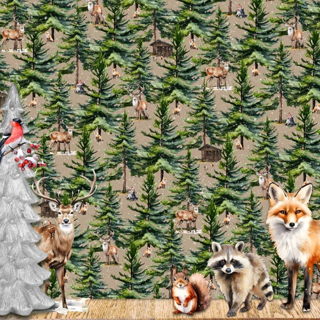 Winterwaldtiere erste Schneekraft Geschenkpapier (Winter Woodland Forest Animals First Snow Kraft Wrapping Paper in beautiful detailed watercolours)