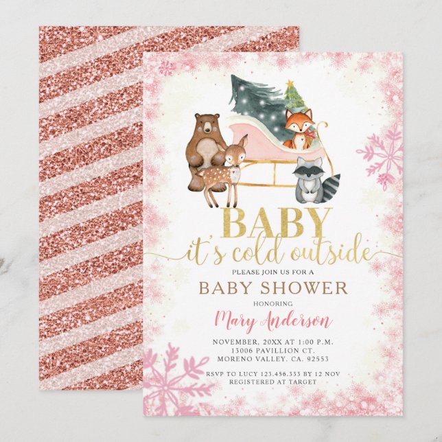 Winterwaldtiere Pinienbäume Kinderdusche    Einladung (Vorne/Hinten)