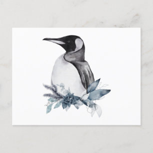 Winterwasserfarbe eines Pinguins mit Blume Postkarte