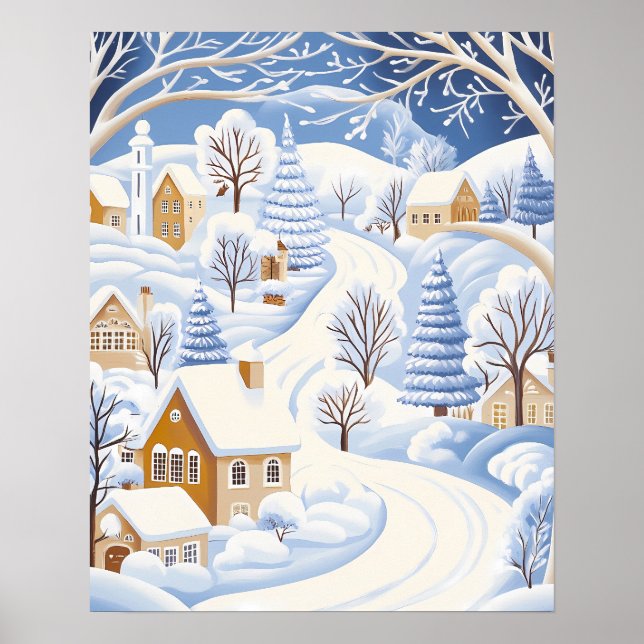 Winterweg durch Snowy Village und Bäume Poster (Vorne)
