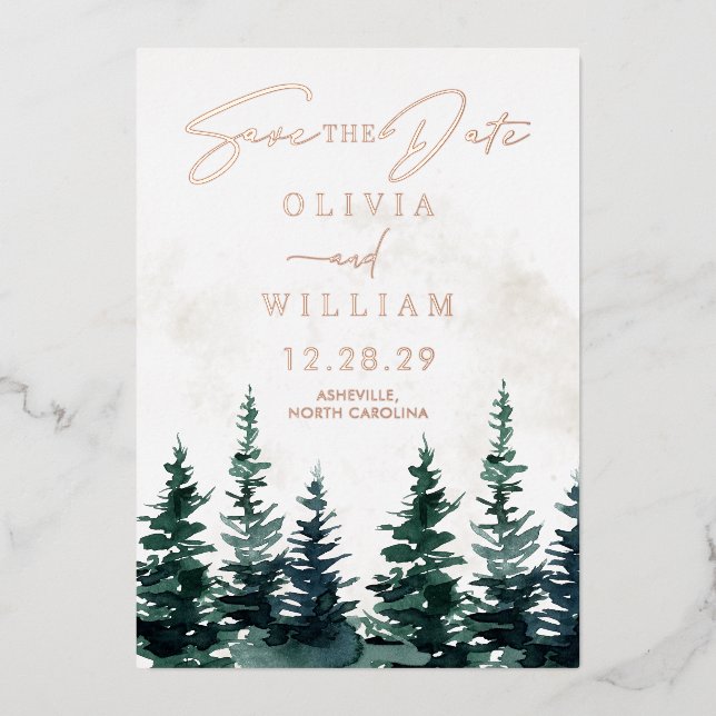 Winterweihnachtsbäume Save the Date Urlaub Folieneinladung (Vorderseite)