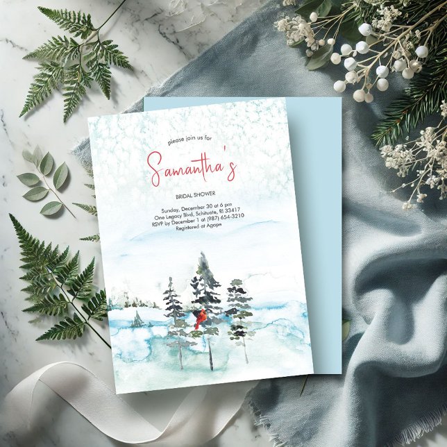 Winterweihnachtsfest Evergreen Brautparty Einladung (Winter bridal shower invitations watercolor pine trees red cardinal snow)