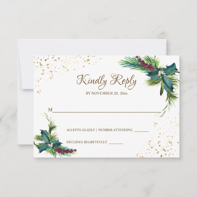 Winterweihnachtsfest Evergreen Holly Wedding RSVP Karte (Vorderseite)