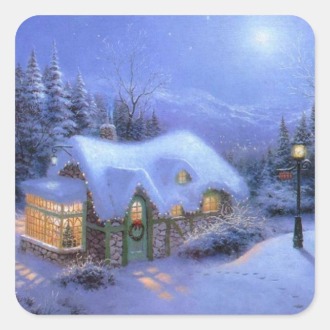 Winterweihnachtsfest - Hütte im Schnee Quadratischer Aufkleber (Vorderseite)